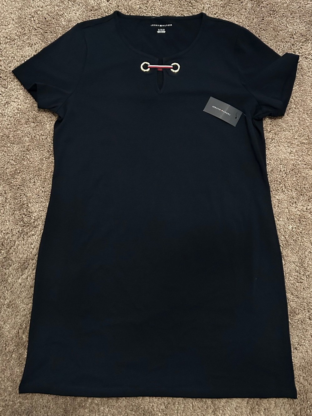 Tommy Hilfiger Navy Dress with Striped Tab and Gold Rings